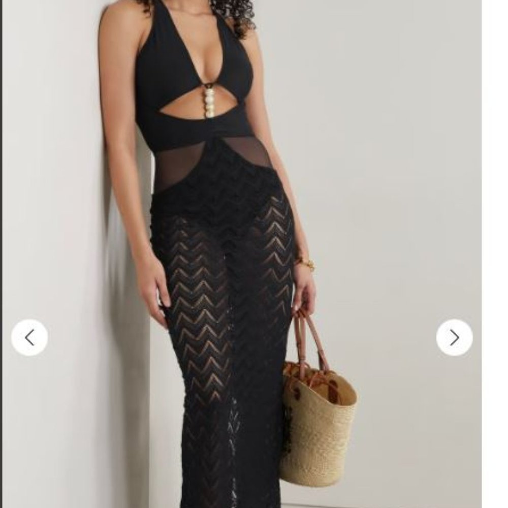 PatBO-Black Embellished tulle-trimmed stretch jersey knit maxi beach dress